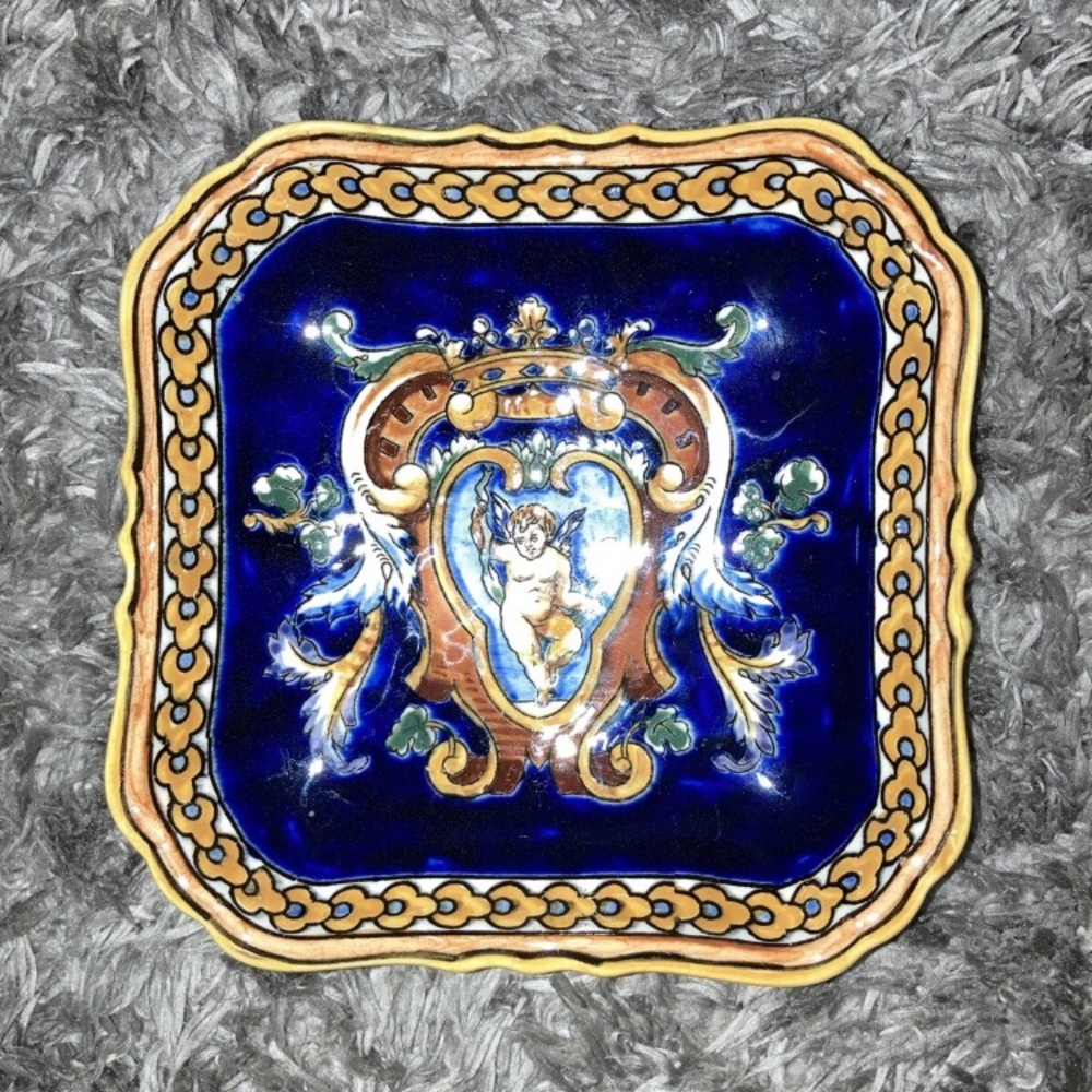 RENAISSANCE BLUE DECO GIEN - French Antique Square Dish tray Cardholder EUC Rare